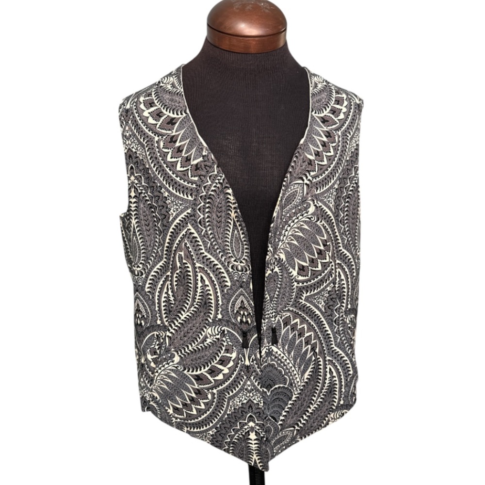Retro Black Gray White Paisley Vest M/L Reversible Statement Layering Piece
